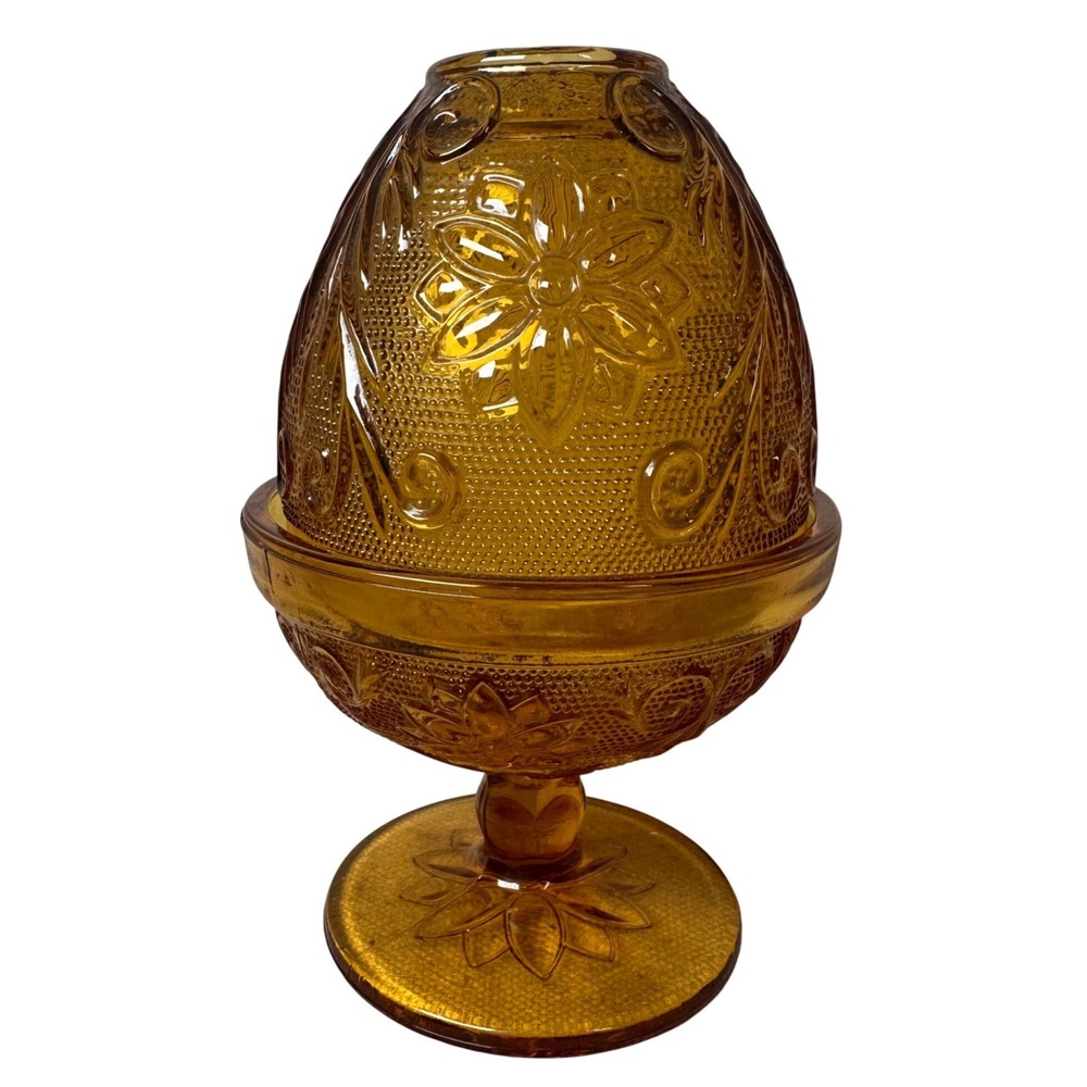 Vintage CRACKED Tiara Amber Glass Sandwich Pattern Fairy Lamp Votive Candle Hold